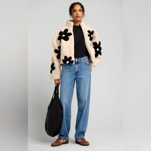 Cream Floral Sherpa Jacket with Black Flowers - Women's Coat